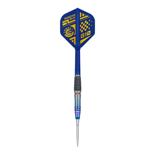 Target Japan Rising Sun GEN10 Swiss Point Steeldarts Dies ist ein Bild der Target Japan Rising Sun GEN10 Swiss Point Steeldarts. Drei silberne Darts mit blauen Highlights sind zu sehen.