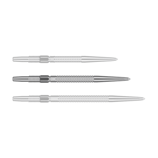 Target Swiss Point GRD Silver dart tips Das Bild zeigt drei silberne Dartspitzen des Produkts „Target Swiss Point GRD Silver Dartspitzen“. Die Spitzen sind nebeneinander angeordnet und haben eine feine Riffelung.