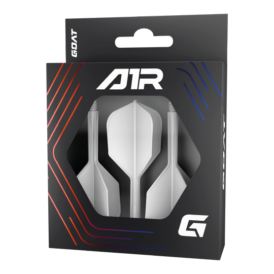 Die Abbildung zeigt das Produkt „GOAT A1R No6 Flight-Shaft-System - Weiß“ in einer schwarzen Verpackung mit Sichtfenster. In der Verpackung sind drei weiße Dart-Flights mit Schäften zu sehen.