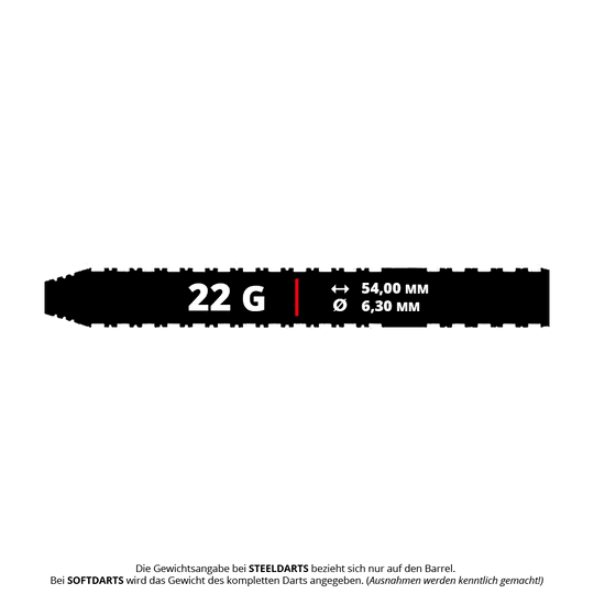 Caliburn Forge F3 steel darts - 22g Das Bild zeigt die technischen Daten des Produkts "Caliburn Forge F3 Steeldarts - 22g". Der Dart wiegt 22 Gramm, ist 54,00 mm lang und hat einen Durchmesser von 6,30 mm.