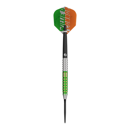 Ein Steeldart-Set wird gezeigt. Die Darts sind klassisch gestaltet und gleichmäßig angeordnet.