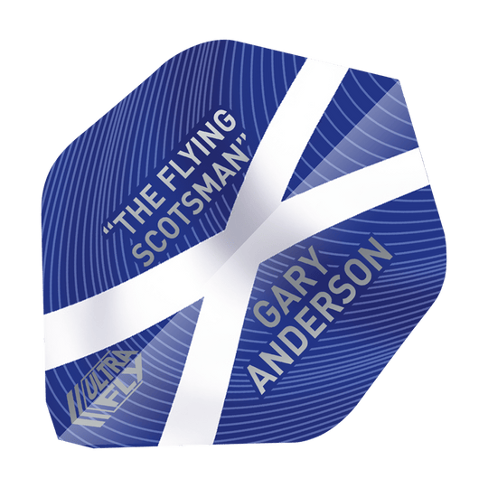 UN18_69040_Unicorn_UltraFly75_Gary_Anderson_World_Champion_AR1_Flights_1 Das Bild zeigt einen blauen Dartflight mit weißem Kreuz, der an die schottische Flagge erinnert. Darauf stehen die Wörter „THE FLYING SCOTSMAN“, „GARY ANDERSON“ und „ULTRA FLY“.