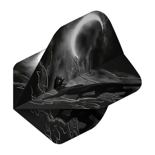 Alchemy Minnaloushe No2 Standard Flights Das Bild zeigt die Alchemy Minnaloushe No2 Standard Flights mit einem dunklen, mystischen Design. Im Vordergrund sind eine schwarze Katze, kahle Äste und ein leuchtender Halbmond zu sehen.