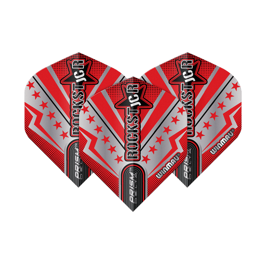 Winmau Prism Delta Joe Cullen Rockstar Series No2 Standard Flights Das Bild zeigt drei Dart-Flights der Serie "Winmau Prism Delta Joe Cullen Rockstar No2". Die Flights sind in rot, silber und schwarz gestaltet und tragen die Aufschrift "ROCKSTAR".