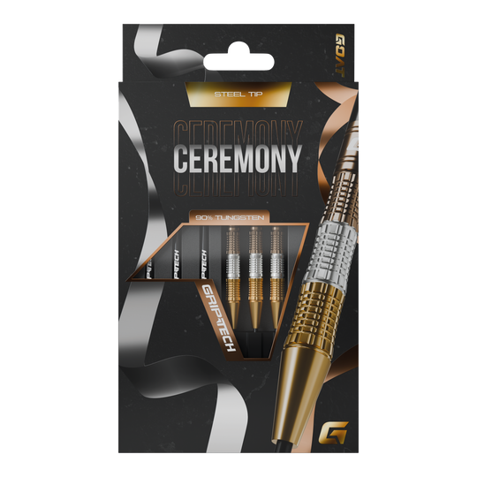 Die Abbildung zeigt eine Packung „GOAT Ceremony Tungsten Steeldarts“. Die Verpackung hebt die Eigenschaften wie 90% Tungsten und Grip-Tech besonders hervor.