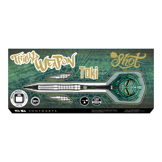 Das Bild zeigt die Verpackung der "Shot Tribal Weapon Toki Softdarts". Auf der Verpackung sind ein silberner Dartpfeil mit grünem Flight und verschiedene Beschriftungen abgebildet.
