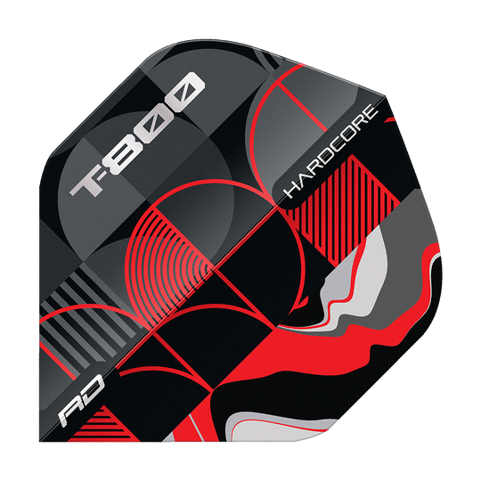 Das Bild zeigt ein Dart-Flight mit dem Namen "Red Dragon Hardcore T-800 No2 Standard Flights". Das Design ist in Schwarz, Rot, Silber und Grau mit geometrischen Mustern und den Aufschriften "T-800" und "Hardcore" gestaltet.