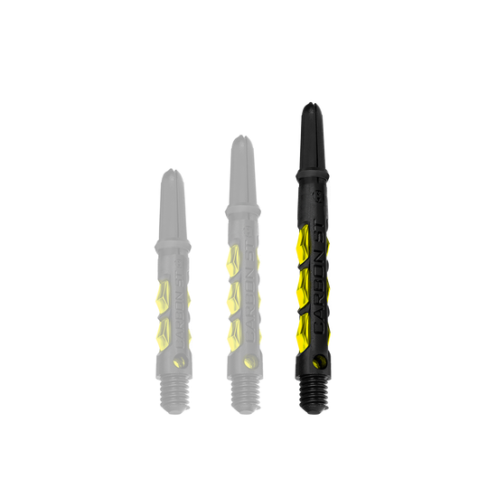 Das Bild zeigt drei Harrows Carbon ST Shafts in Gelb. Die Shafts sind unterschiedlich lang und haben ein schwarzes Design mit gelben Akzenten.