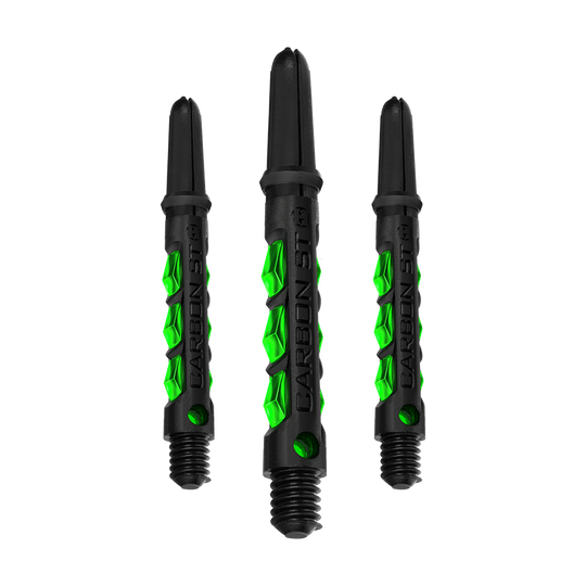 HR423_Harrows_Carbon_ST_Shafts_Gr-n_40mm_1dr8A9ag3UCSKA Das Bild zeigt drei schwarze Carbon ST Shafts von Harrows mit grünen Akzenten. Sie sind nebeneinander angeordnet und für den Dartsport bestimmt.