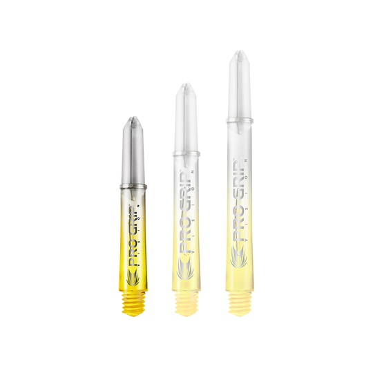 Target Pro Grip Vision Shafts - 3 Sets - Yellow Auf dem Bild sind drei durchsichtige Dartschäfte mit gelbem Ende abgebildet. Auf den Schäften steht "PRO GRIP VISION" und sie sind unterschiedlich lang.