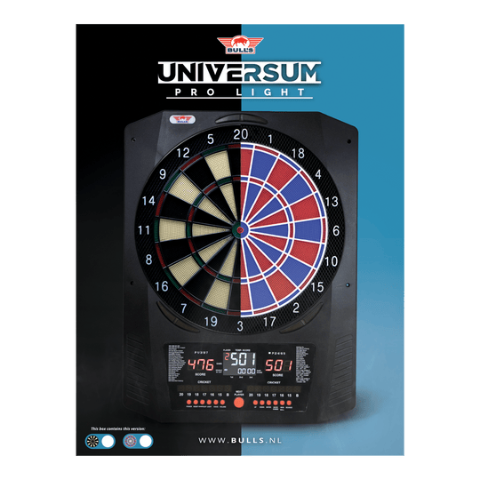 Hier sieht man das Bulls NL Universum Pro Light Elektronisches Dartboard in den Farben Blau und Rot. Dieses Dartboard bietet viele Spieloptionen.