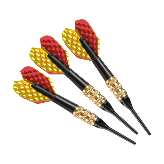 Harrows Mini Softdarts Auf dem Bild sind drei Harrows Mini Softdarts zu sehen. Sie haben schwarze Spitzen, goldene Griffe und rot-gelbe Flights.