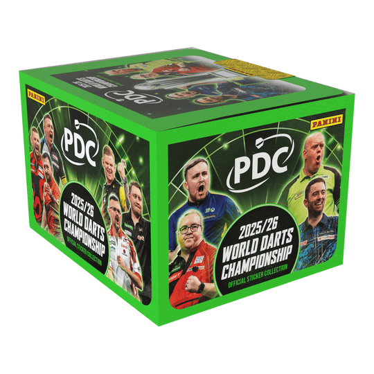 Panini PDC World Darts Championship 2025/26 - Sticker box with 65 packs Auf dem Bild sieht man die Panini PDC World Darts Championship 2025/26 Stickerbox mit 65 Tüten. Die Box ist speziell für Sammler und Fans der Darts-Weltmeisterschaft.