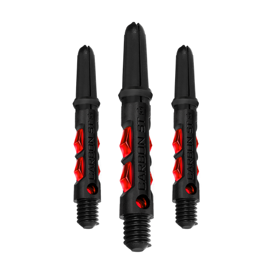 HR431_Harrows_Carbon_ST_Shafts_Rot_33mm_1 Das Bild zeigt drei schwarze Harrows Carbon ST Shafts mit roten Akzenten. Die Schäfte sind für Dartpfeile gedacht und haben ein modernes, stylisches Design.