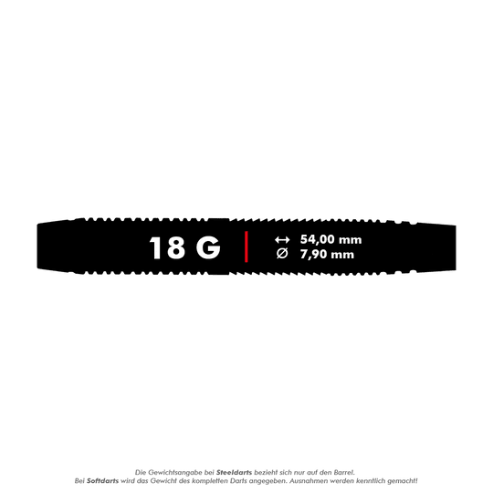 HA13968-B_Harrows_Blaze_Style_B_Softdarts_5_18g Das Bild zeigt das Produkt "Harrows Blaze Style B Softdarts" mit einem Gewicht von 18 Gramm. Die Länge beträgt 54,00 mm und der Durchmesser 7,90 mm.