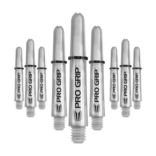 Target Pro Grip Shafts - 3 Sets - Transparent Das Bild zeigt neun transparente Dartschäfte mit der Aufschrift "Pro Grip". Sie sind in drei Reihen angeordnet, wobei die mittleren Schäfte am größten sind.