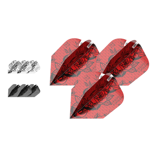 Das Bild zeigt drei Sets von Dart-Flights im Produkt "Target Ink Bundle 3 Sets Nathan Aspinall Ten-X Flights". Die Flights sind in den Farben Rot, Schwarz und Weiß mit einem Rosenmuster gestaltet.