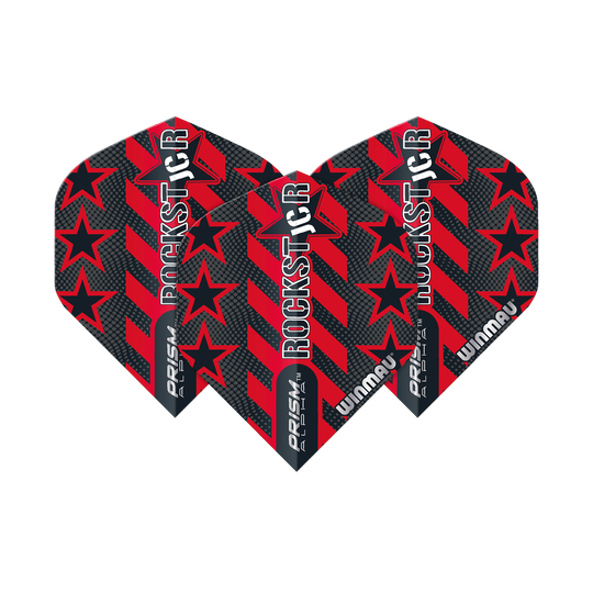 6915-198_Winmau_Prism_Alpha_Joe_Cullen_Standard_Flights_16PdMlGDDhoB0C Das Bild zeigt die Winmau Prism Alpha Joe Cullen Standard Flights. Die Flights sind schwarz und rot mit Sternen und dem Schriftzug "ROCKSTAR" gestaltet.