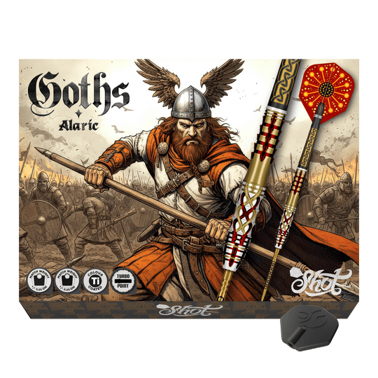 Shot Goths Alaric Turbo Point Steel Darts - 23g Hier sieht man die Shot Goths Alaric Turbo Point Steeldarts - 23g. Sie sind ideal für Präzision und Kontrolle.