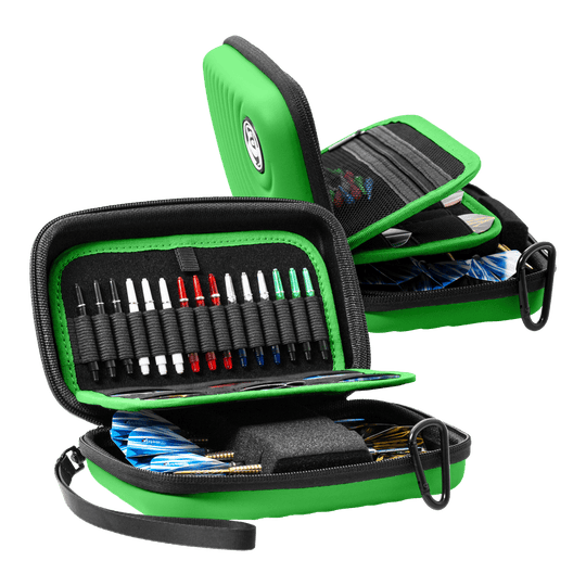 Abgebildet ist das Bulls Orbis XL Dartcase in der Farbe Grün. Es wurde speziell zum Schutz von Dartpfeilen entwickelt.