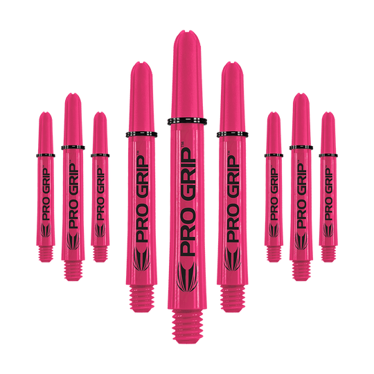 Target Pro Grip Shafts - 3 Sets - Pink Das Bild zeigt neun pinke Dartshafts mit der Aufschrift "PRO GRIP". Die Shafts sind in drei Reihen angeordnet und heben sich deutlich vor dem weißen Hintergrund ab.