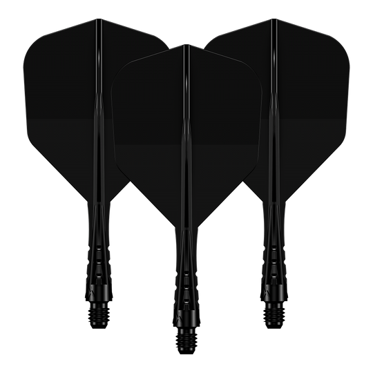 Auf dem Bild ist ein Flight-Shaft-System der Größe 222mm zu sehen. Es ist schwarz und Teil eines Sets für Dartpfeile.