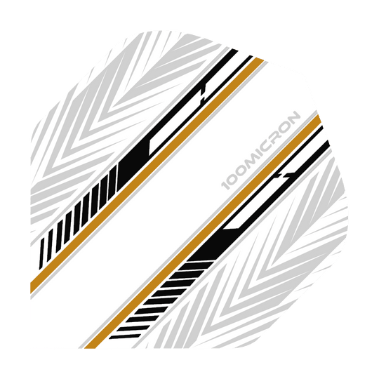 Pentathlon Flights white/black/gold Das Bild zeigt das Produkt "Pentathlon White Black Gold No2 Standard Flights". Das Flight ist überwiegend weiß mit schwarzen, goldenen und grauen Mustern sowie der Aufschrift "100 MICRON".