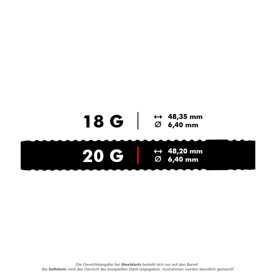 2061_Winmau_Blackout_Tungsten_Softdarts_5_20g Das Bild zeigt die Produktinformationen der "Winmau Blackout Tungsten Softdarts". Die Darts wiegen 20 Gramm, sind 48,20 mm lang und haben einen Durchmesser von 6,40 mm.