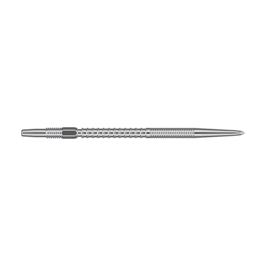 Target Swiss Firepoint Silver dart tips Das Bild zeigt eine silberne Dartspitze mit einem gerillten, strukturierten Design. Sie ist lang und schmal, mit einer spitzen Spitze am rechten Ende.
