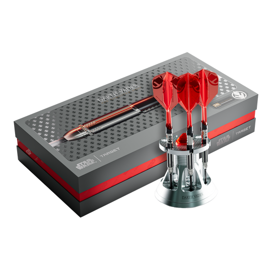 Das Foto stellt die Target Star Wars Darth Vader Light Saber Limited Edition Steeldarts - 24g dar. Die Dartpfeile sind von Darth Vader und seinem Lichtschwert inspiriert.