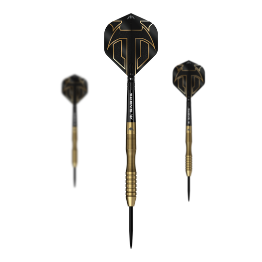 Mission Viktor Tingstrom Gold Steeldarts - 22g als Set dargestellt. Das Foto zeigt das komplette Set der Steeldarts.