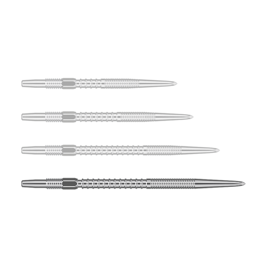 Target Swiss Firepoint Silver dart tips Das Bild zeigt vier silberne Dartspitzen, die nebeneinander liegen. Sie sind gleich lang und haben eine feine Riffelung für besseren Halt.