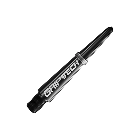 GOAT Griptech Shafts - Black Das Bild zeigt einen schwarzen Dart-Schaft mit der Aufschrift "GRIPTECH". Der Schaft wirkt robust und hat metallische Akzente.