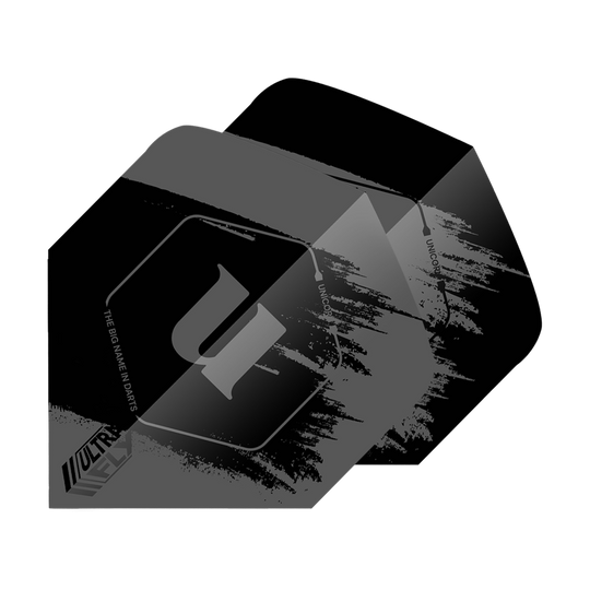 Das Bild zeigt das Produkt "Unicorn Ultrafly 100 Team Unicorn Big Wing Flights - Grau". Die Flights sind überwiegend grau und schwarz mit einem modernen, abstrakten Design und dem Unicorn-Logo.