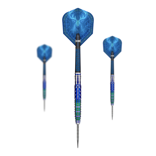 Abgebildet ist ein Set der Shot Celt Merlin Steeldarts. Diese Darts sind speziell für Präzision entworfen.