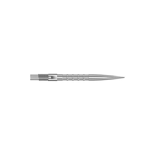 Das Bild zeigt Harrows Quick Point Heavy Metal Grip Dartspitzen in Silber mit einer Länge von 26mm. Die Aufnahme präsentiert das zweite Stück der Serie.