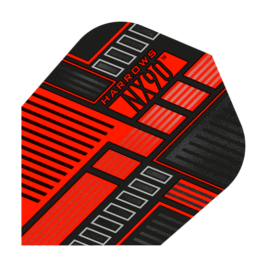 Dies ist ein Harrows Prime NX90 Red Flight für Darts. Das Flight hat ein auffälliges, modernes Design in Rot und Schwarz mit Linien- und Rechteckmustern.