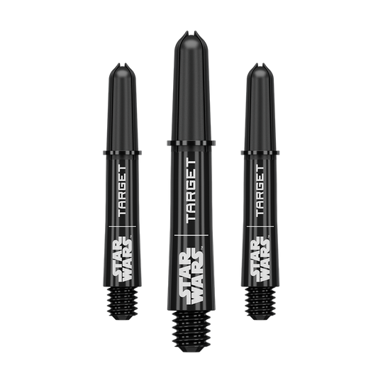 Target Star Wars ProGrip Shafts - Black Abgebildet ist das Produkt mit dem Dateinamen 380420_Target_StarWars_ProGrip_Shafts_Schwarz_Short_34mm_1Set. Vermutlich handelt es sich um schwarze ProGrip Shafts für Darts, Modell Star Wars, in kurzer Ausführung.