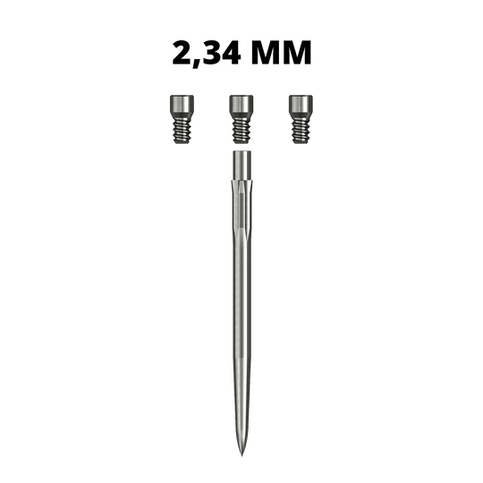 Ein silbernes Caliburn Evo System Steeldartspitze Spigot mit einer Länge von 23,4 mm ist abgebildet. Die Dartspitze liegt auf weißem Hintergrund.