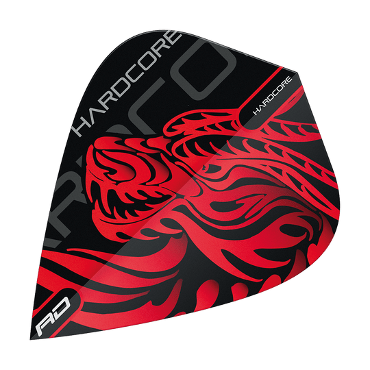 TF6500_Red_Dragon_Hardcore_Jonny_Clayton_Dragon_Kite_Flights_1ZBltoOtqlvMGy Dieses Bild zeigt ein Dart-Flight mit einem auffälligen roten Drachen-Design auf schwarzem Hintergrund. Auf dem Flight steht das Wort "HARDCORE" sowie die Abkürzung "RD".