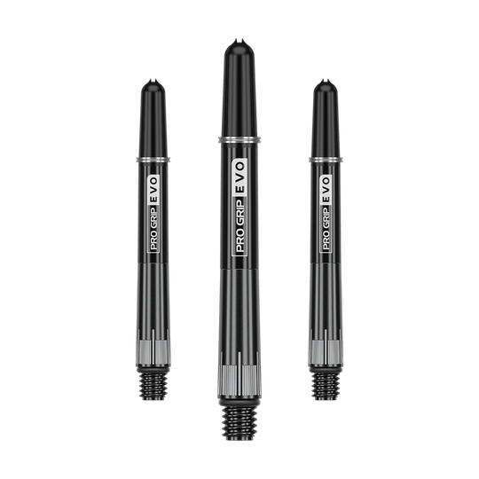 Auf dem Bild sind drei schwarze Dartschäfte mit der Aufschrift "PRO GRIP EVO" zu sehen. Sie sind aus Metall gefertigt und haben ein schraubbares Ende.