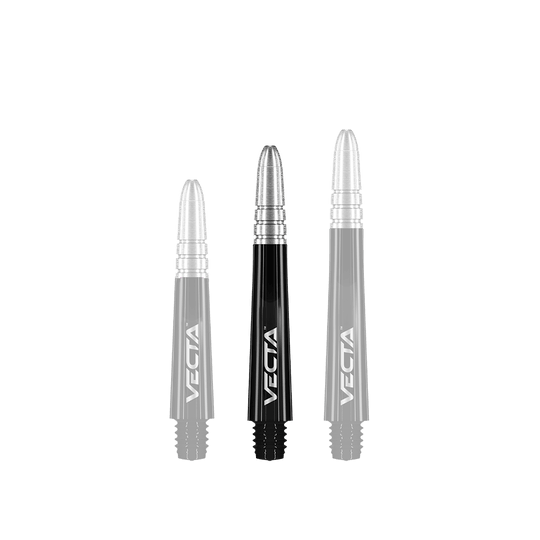 Winmau Vecta Shafts - Schwarz Silber Das Bild zeigt drei schwarze und silberne Dartschäfte der Marke Vecta. Sie stehen nebeneinander in unterschiedlichen Längen.