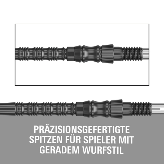 Target Signature Swiss Point TRB Steeldartspitzen in Schwarz. Das Foto präsentiert die Dartspitzen detailliert.
