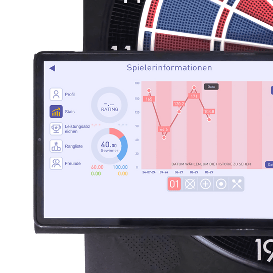 Karella CB-Smart Electronic Soft Dartboard Das Bild zeigt die elektronische Soft-Dartscheibe "Karella CB-Smart" mit einem verbundenen Bildschirm. Auf dem Bildschirm werden Spielerinformationen und Statistiken angezeigt.