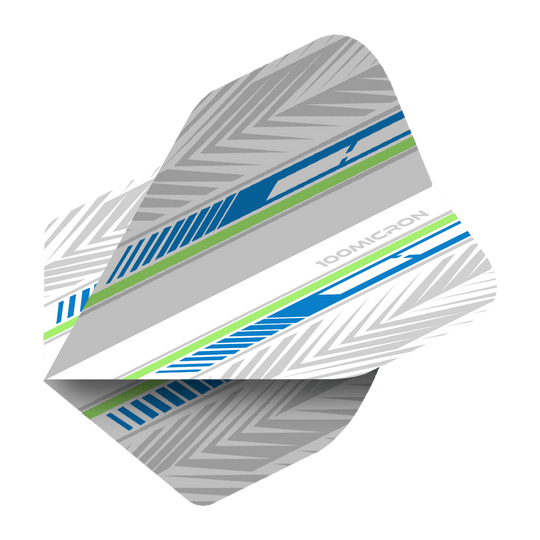 Pentathlon Flights white/blue/green Das Bild zeigt ein Dartflight mit dem Namen "Pentathlon White Blue Green No2 Standard Flights". Das Design ist überwiegend weiß und grau mit blauen und grünen Streifen sowie einem chevronartigen Muster.