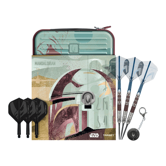 Abgebildet sind Target Star Wars Mandalorian 95 Swiss Point Steeldarts. Diese Darts haben ein einzigartiges Mandalorian-Design.