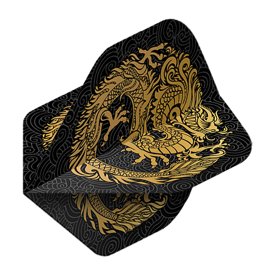 Pentathlon Flights Dragon black Auf dem Bild ist ein Pentathlon Dragon 2 Standard Flight zu sehen. Das Flight ist schwarz und mit einem goldenen Drachen verziert.