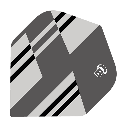 Das Bild zeigt das Produkt "Bulls B-Star Tac No2 Standard Flights". Das Flight ist grau mit schwarzen und weißen Streifen und hat ein modernes, geometrisches Design.