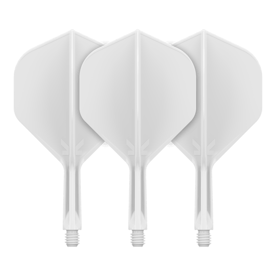 Target K-Flex No2 Standard Flight System - White Auf dem Bild sind drei weiße Dartflights mit integrierten Schäften zu sehen. Sie sind nebeneinander angeordnet und haben eine standardmäßige, breite Form.