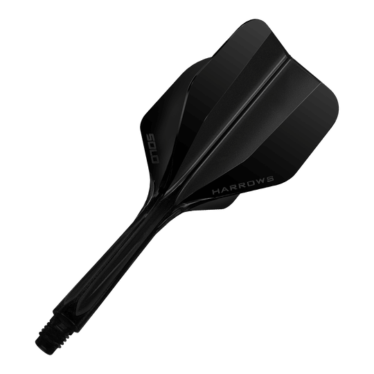 Harrows Solo No6 Flight Shaft System - Black Dies ist das Harrows Solo No6 Flight-Shaft-System in Schwarz. Das Bild zeigt das Produkt in einer Nahaufnahme.